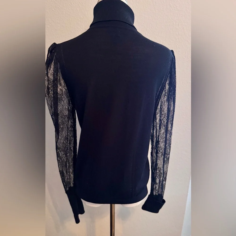 EQUIPMENT Femme Black Wool Silk Turtleneck Sweater Sheer Lace Sleeves Long Cuffs